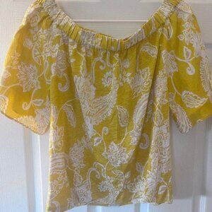Chico's, Yellow and White Paisley, Linen Short Sleeve Top, Small